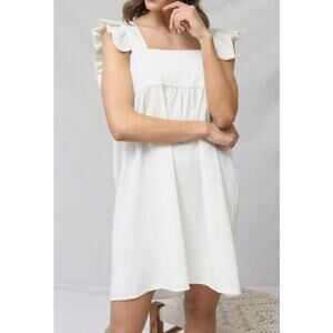 2HEARTS SZ S Off White Square Neck Pullover Ruffle Sleeve Babydoll Dress NWT 0B4
